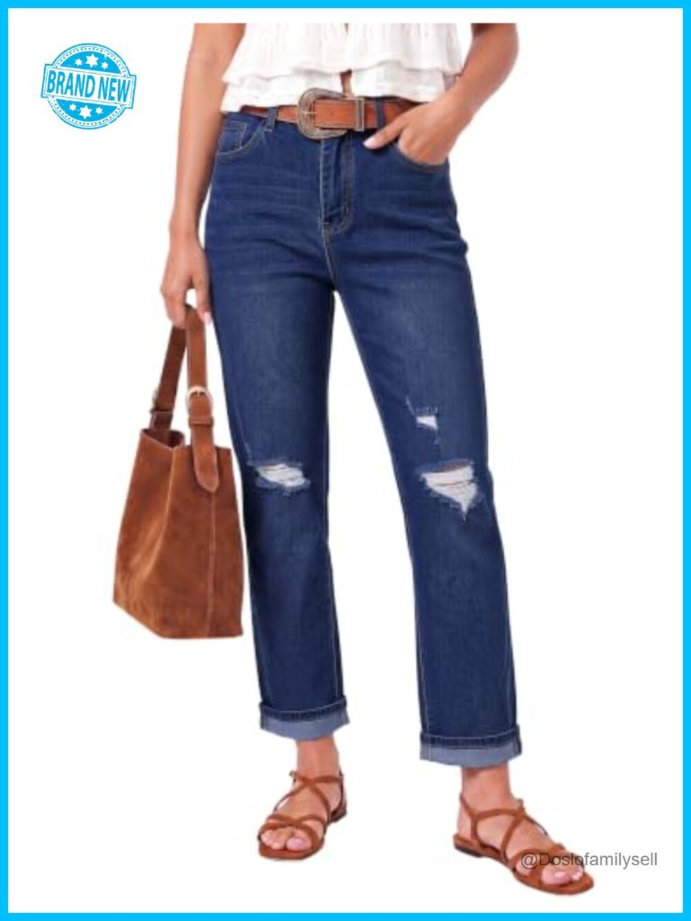 Womens High Waisted Straight Leg Ripped Stretchy Cropped Jeans